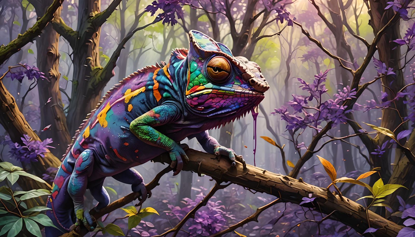 Colorful Chameleon Hunting in Violet Forest, Hyperrealistic ...