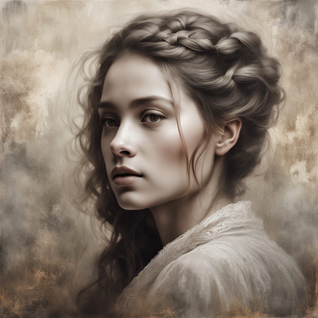 Dreamy Oil Portrait of a Woman with Intricate Braid and Ethe...