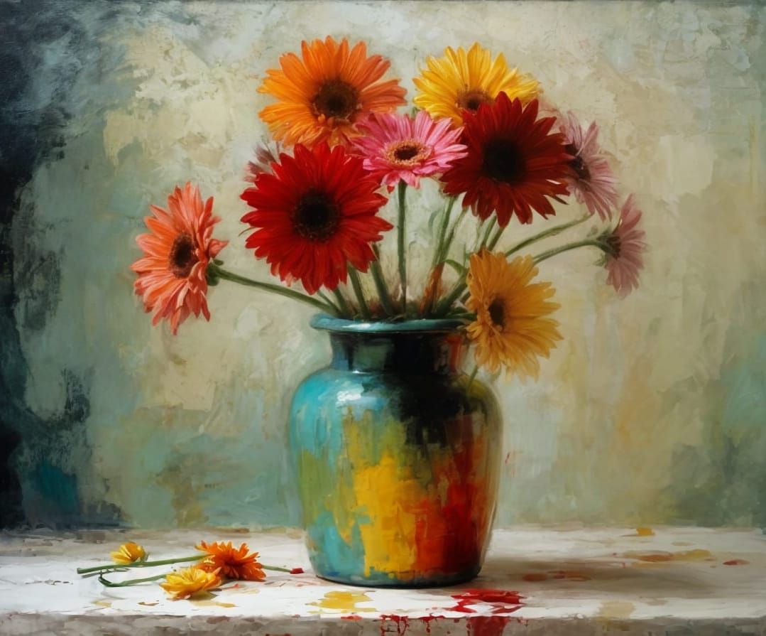 Gerbera Vase in Encaustic Style with Acrylic Textures