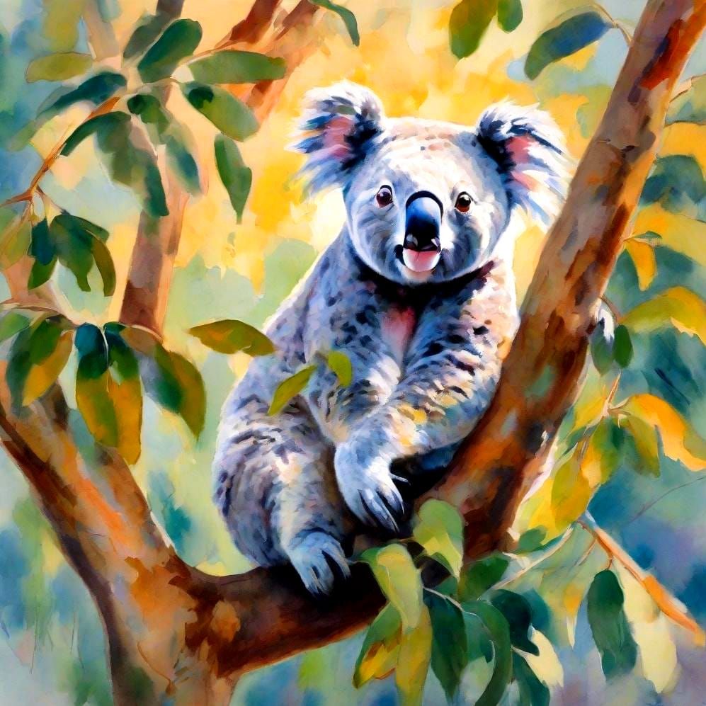 Koala Family in Eucalyptus Tree: Gouache Watercolor Painting