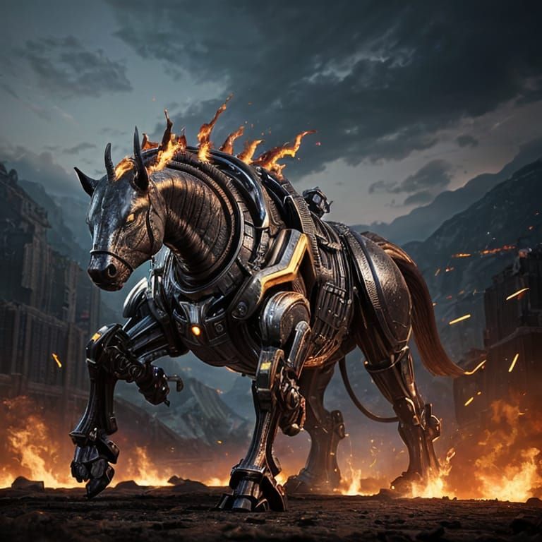 Fiery Mech Horse with Cowboy in Sci-Fi Style