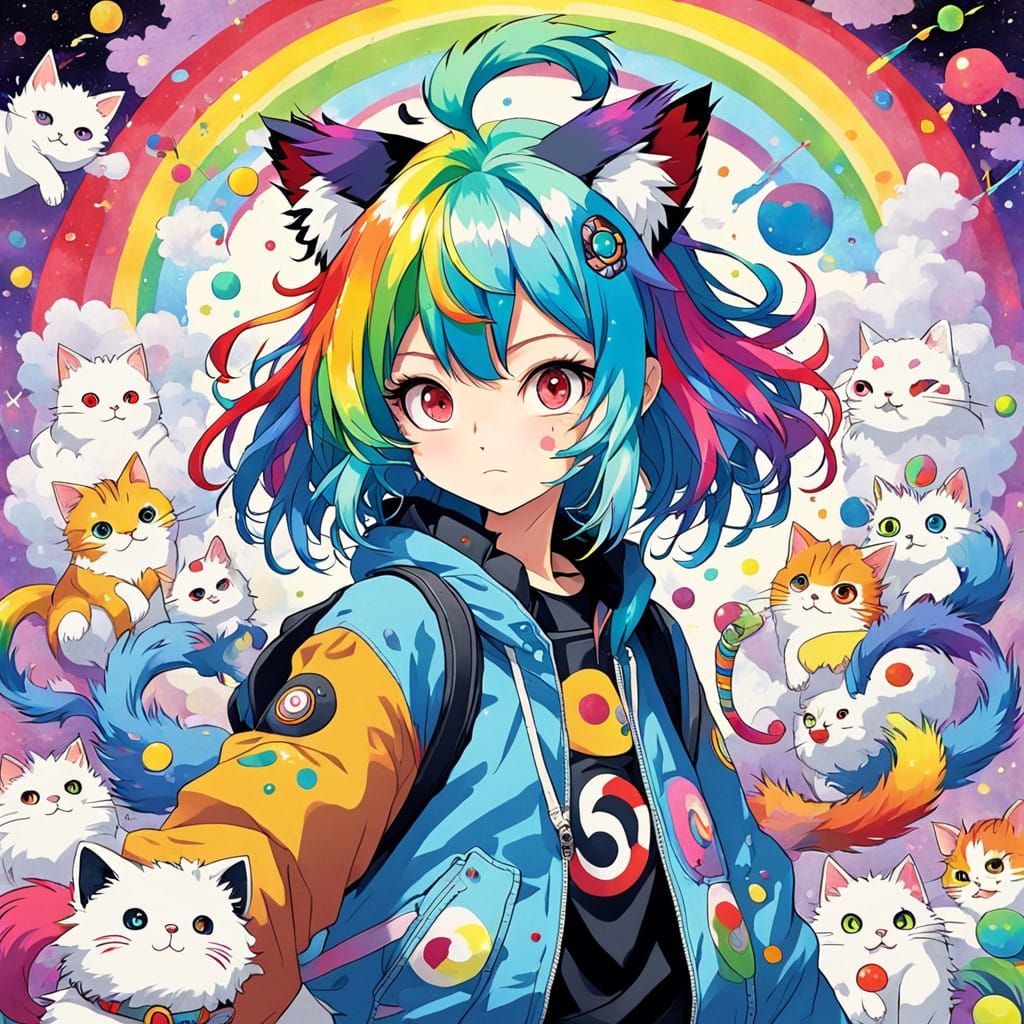 Vibrant Anime-Inspired Teenage Girl with Rainbow Hair and Ca...
