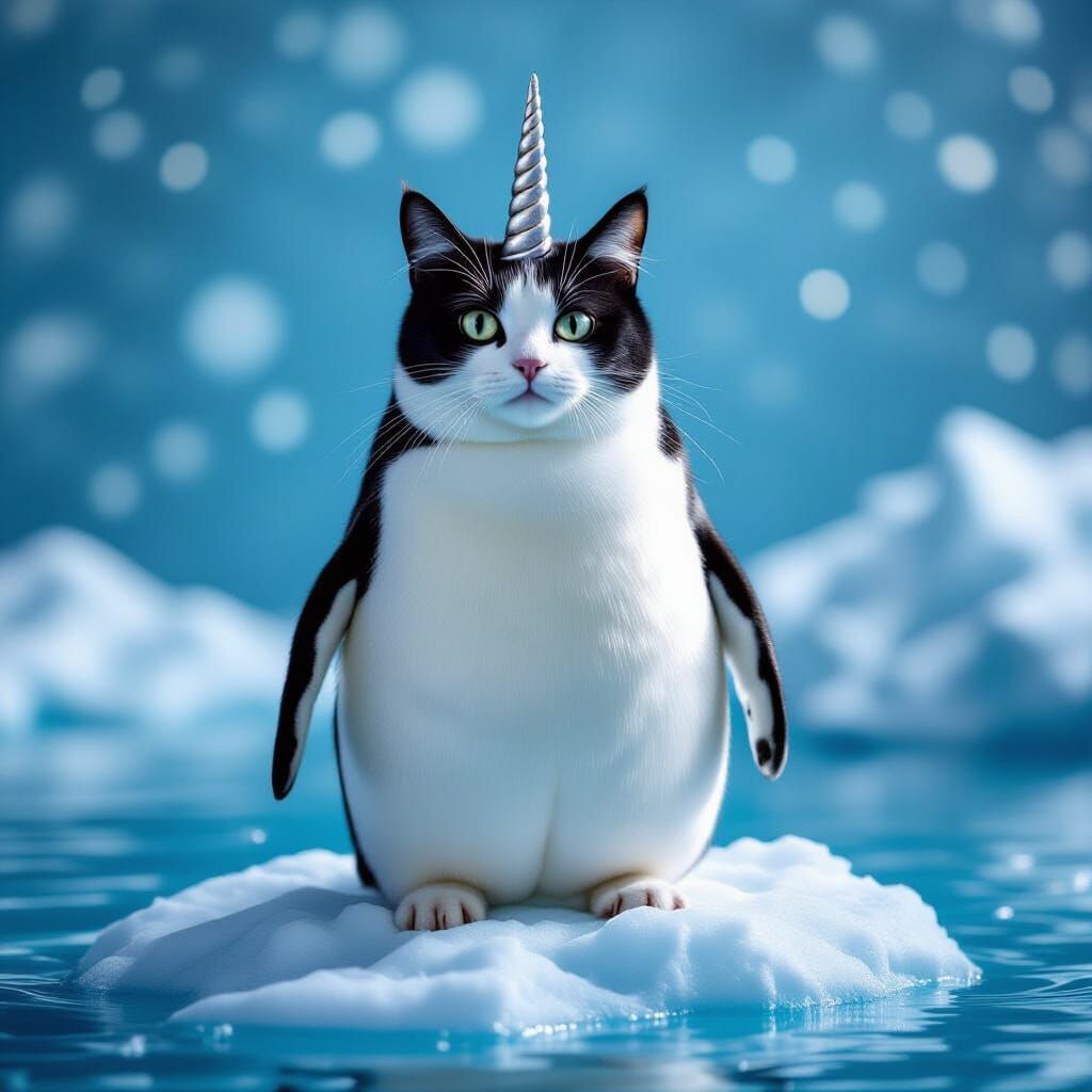 Cat Head Penguin Hybrid with Unicorn Horn on Iceberg