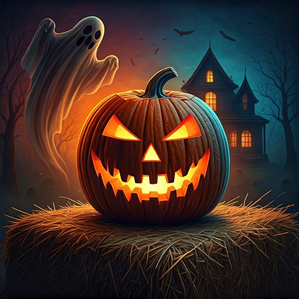 Haunted Jack-o'-Lantern with Ghost in a Vibrant Illustration
