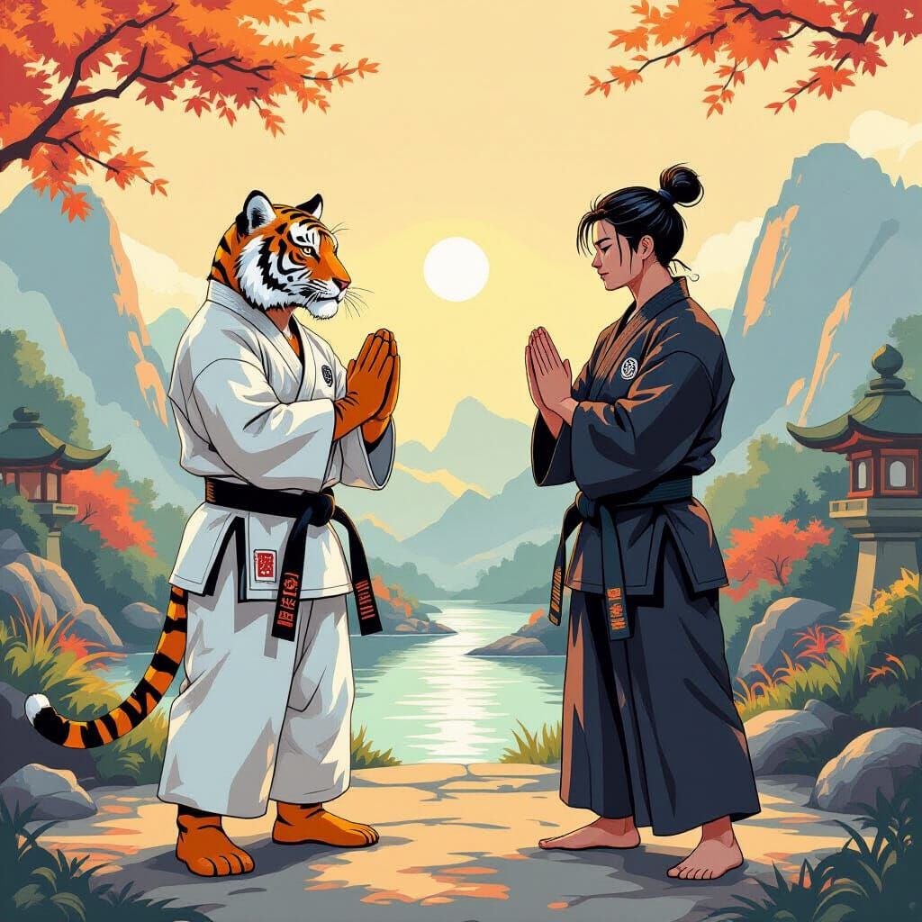 Tiger and Karateka Bow in Asian Landscape