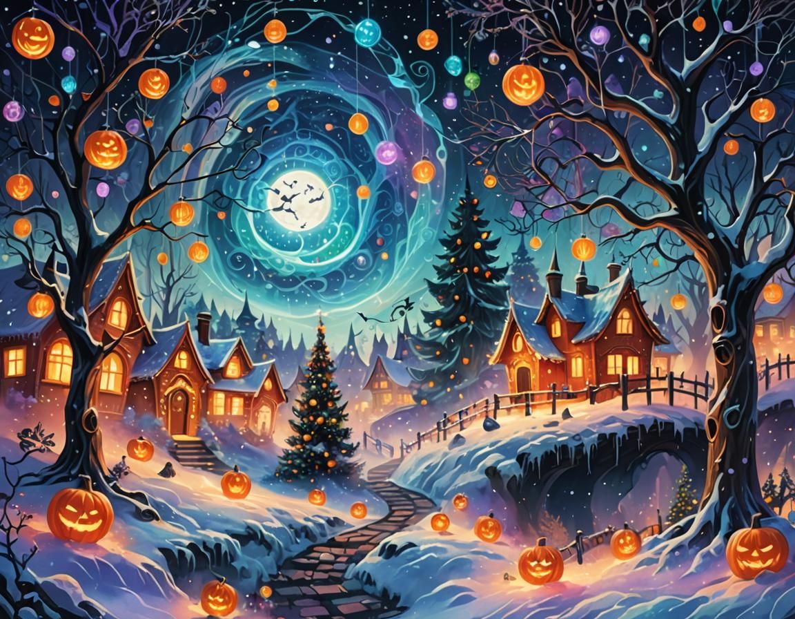 Halloween and Christmas Towns Merge in Cosmic Art