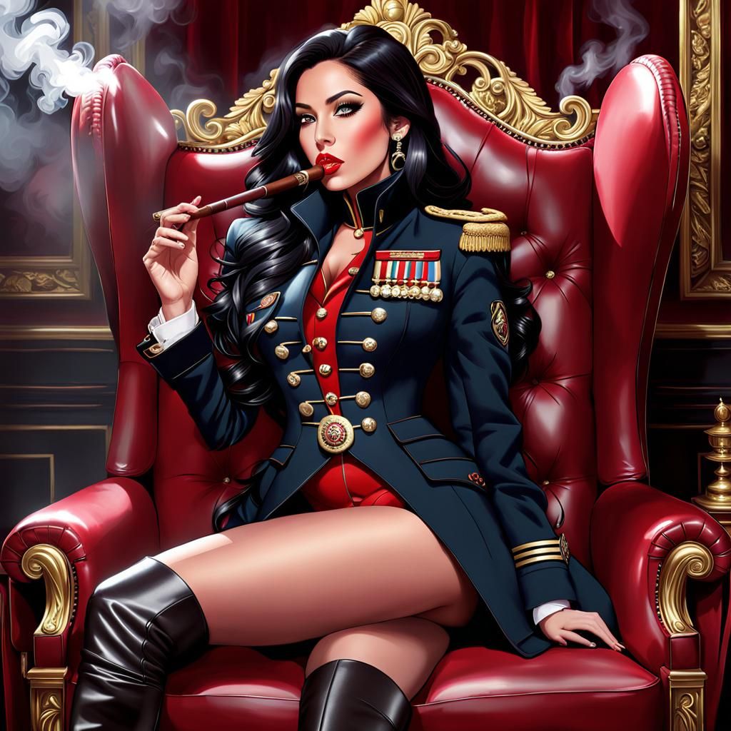 Woman on Throne Smoking Cigar in Military Coat