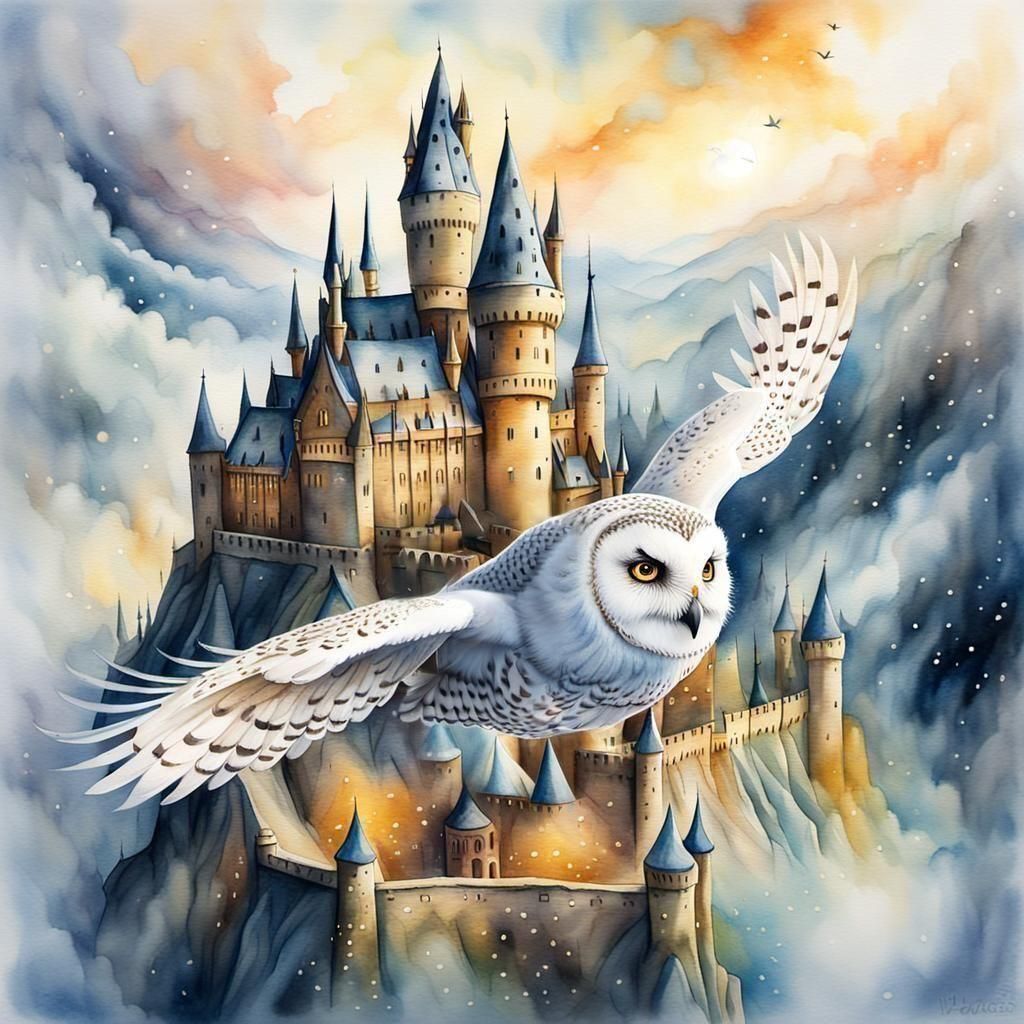 Hedwige the Snow Owl Flies Above Hogwarts