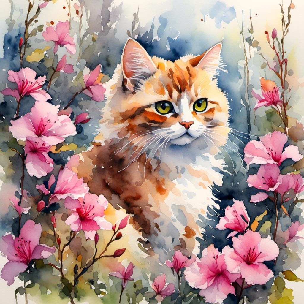 Cat in Azalea Field: Watercolor Fantasy