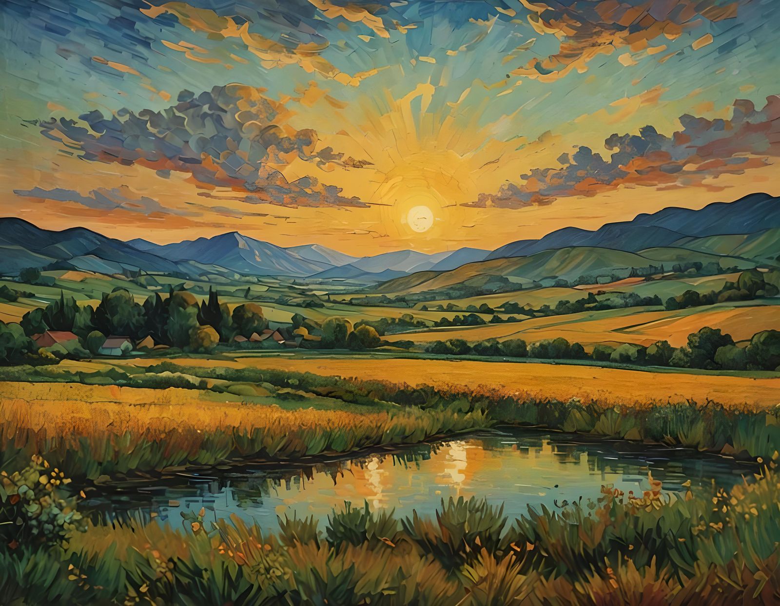 Sunset Over Lake in Van Gogh Style