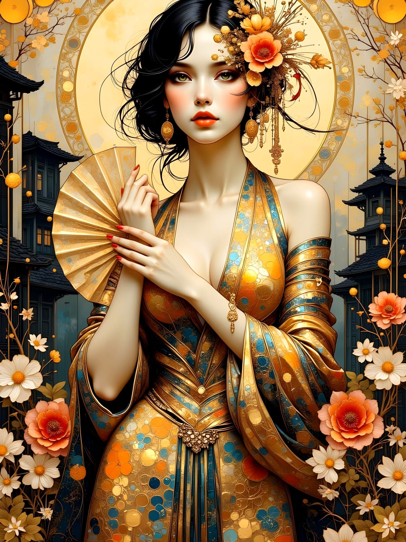 Art Nouveau Geisha Warrior in Klimt Style