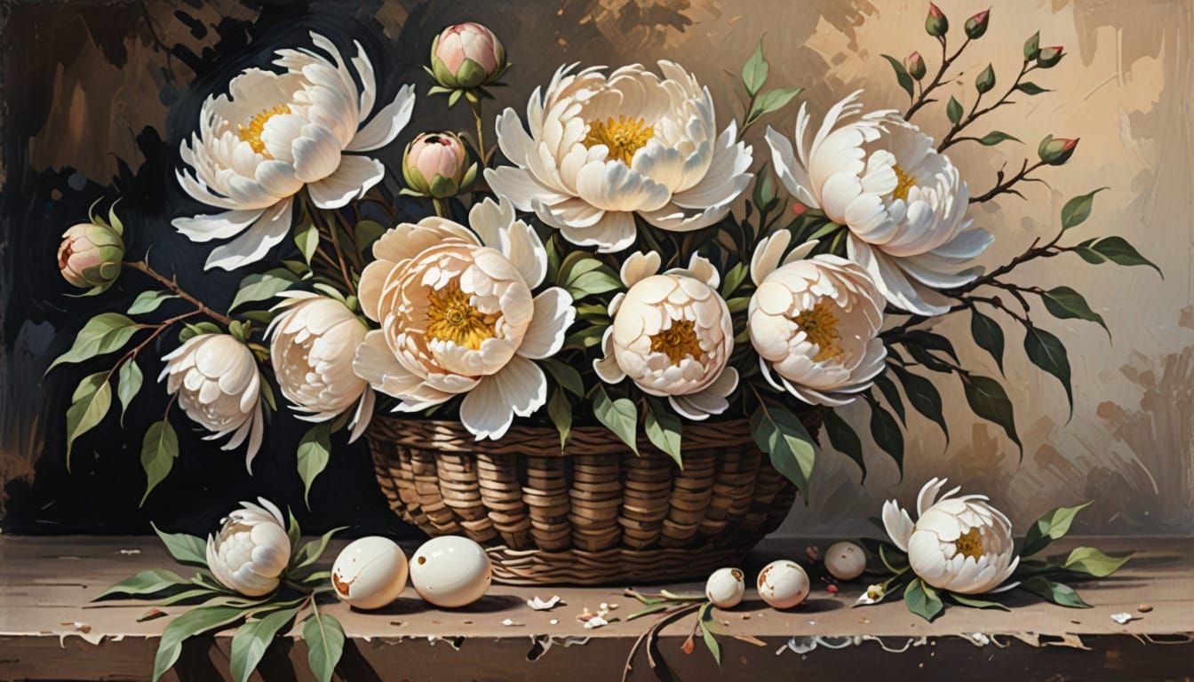 Impressionist Oil Painting of Peonies and Birds