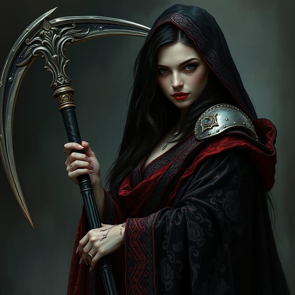 Handmaiden of Death with Scythe in Mystical Realism Style