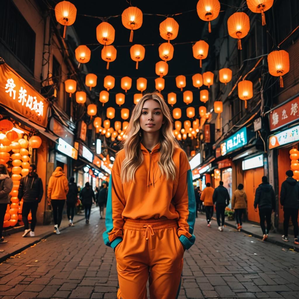 Cute Girl in Tracksuit Walking on Dark Street
