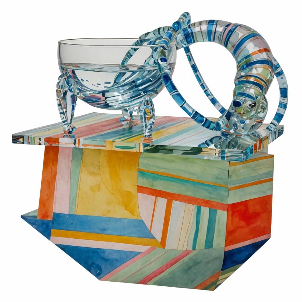 Watercolor Sculpture with Glass and Blueprint