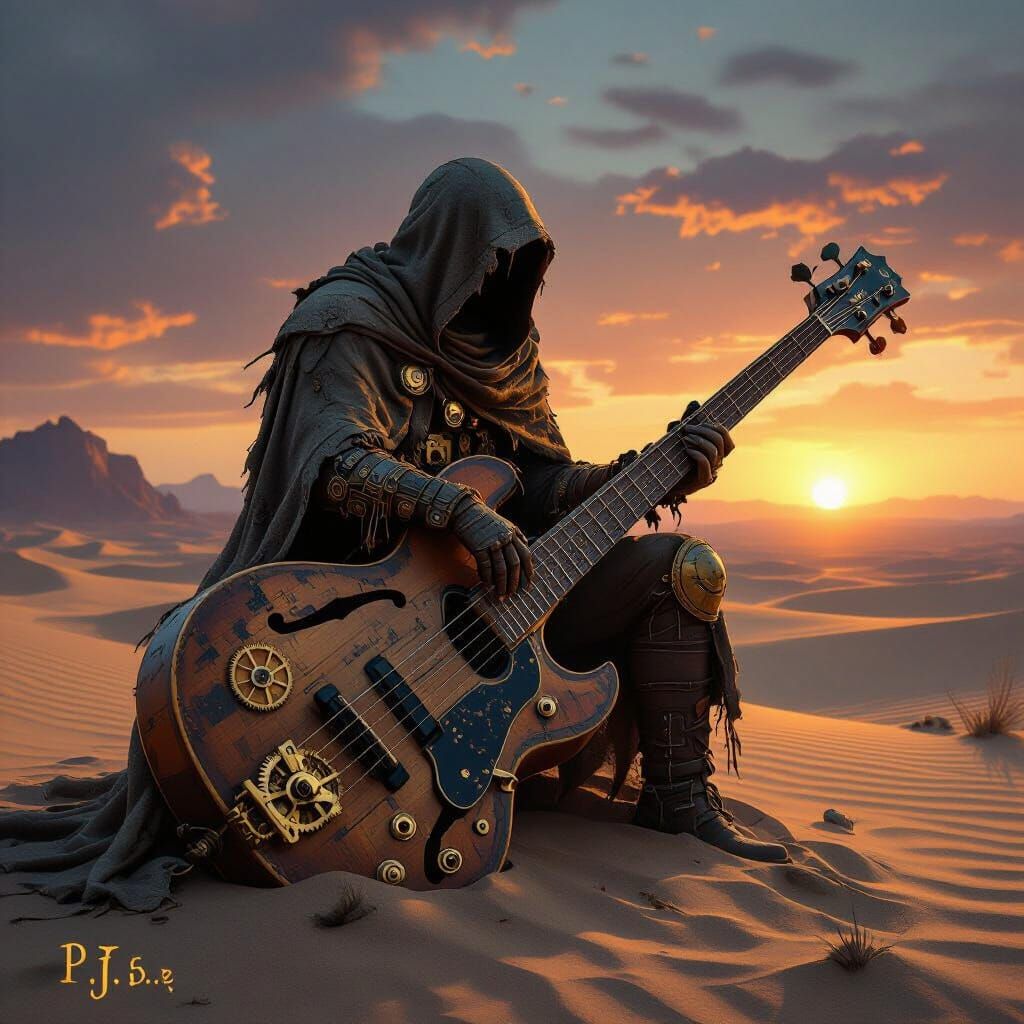 Desert Wanderer Rests on Giant Bass Guitar at Sunset