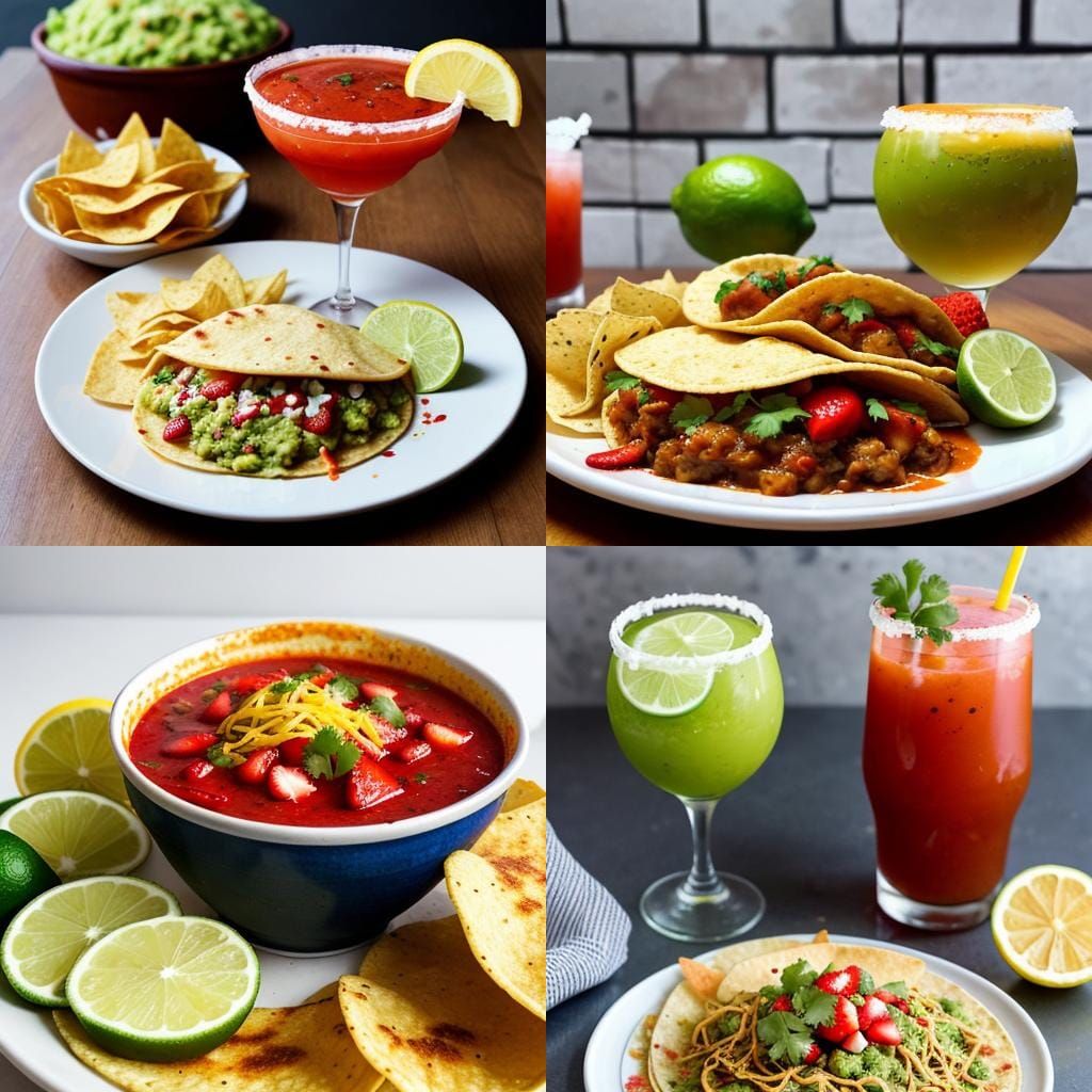 Delicious Mexican Food Feast with Tacos and Drinks