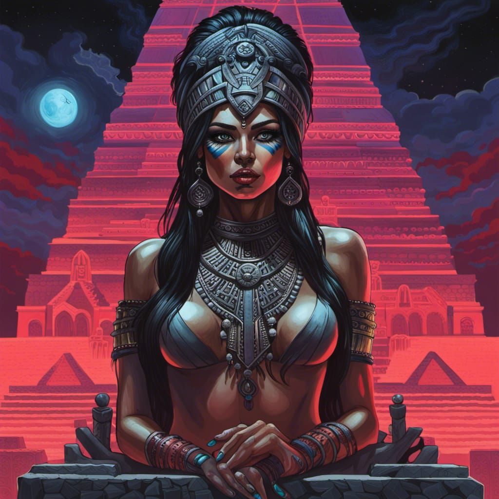 Aztec Priestess Ritual in Black Light Art Style