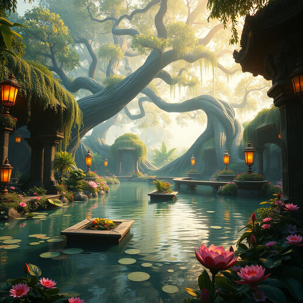Lush Water Garden Oasis in Matte Painting Style