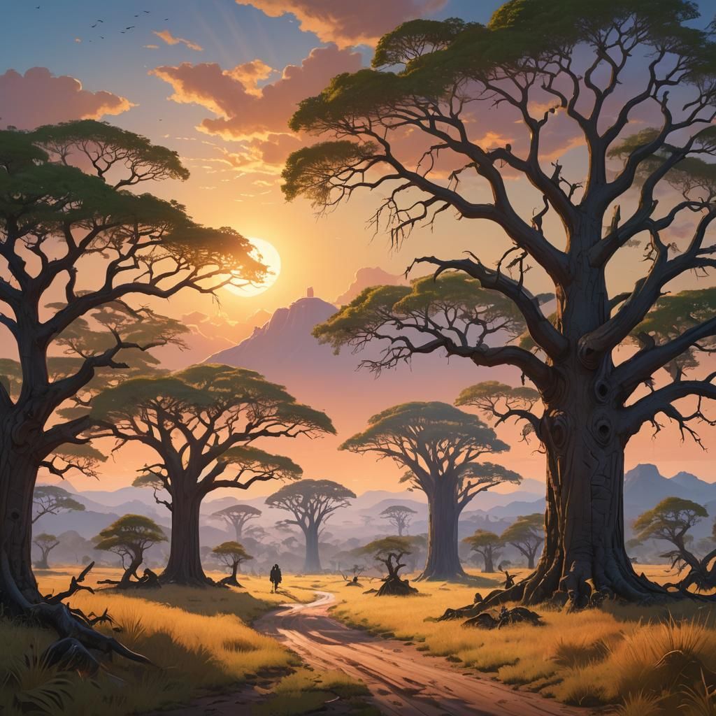 Mystical Savannah Landscape with Glowing Baobab Trees