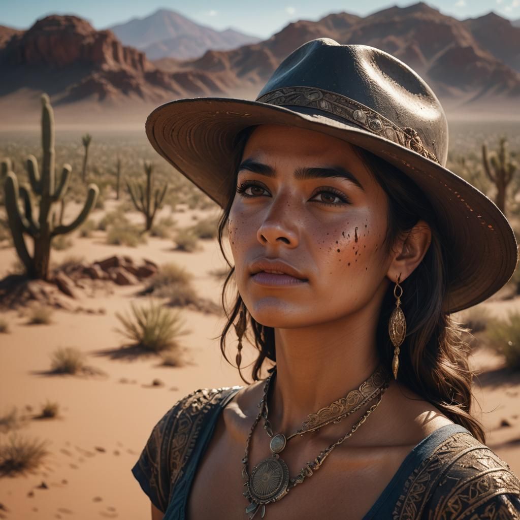 Latina Woman in Desert, Detailed Matte Painting