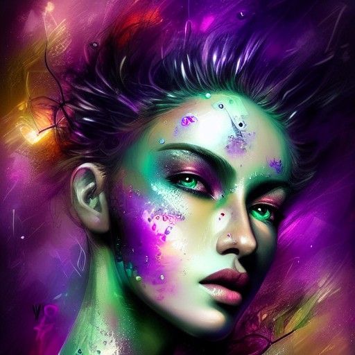 Portrait of a Woman with Purple Hair, Abstract Illustration