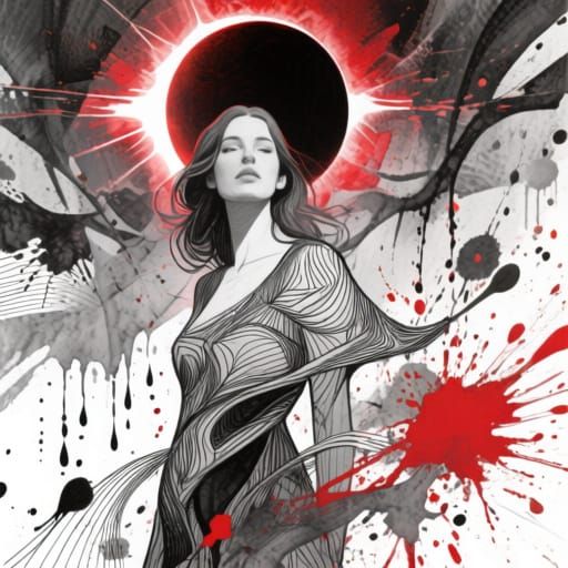 Woman at Solar Eclipse: Abstract Mixed-Media Art