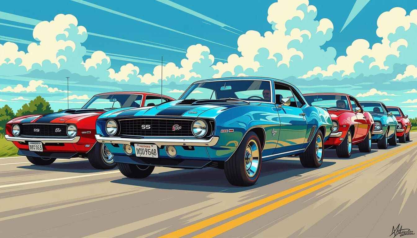 Classic American Muscle Cars in Comic Book Style