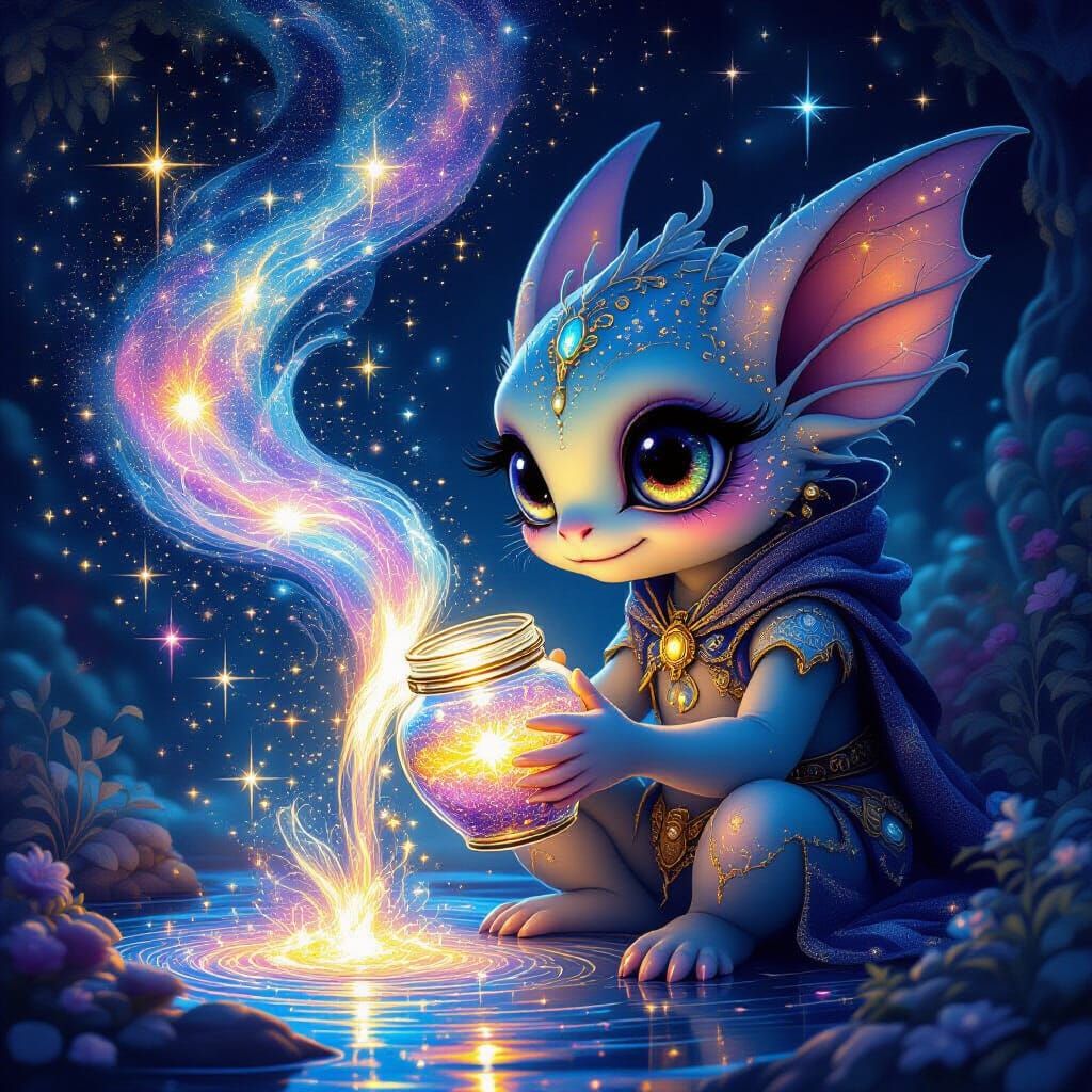 Bioluminescent Creature Pours Stardust into Cosmic Waterfall