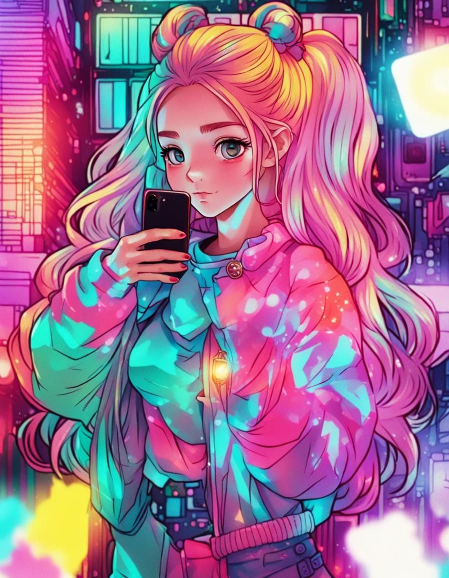 Anime Girl Selfie in Manga Style with Vibrant Colors