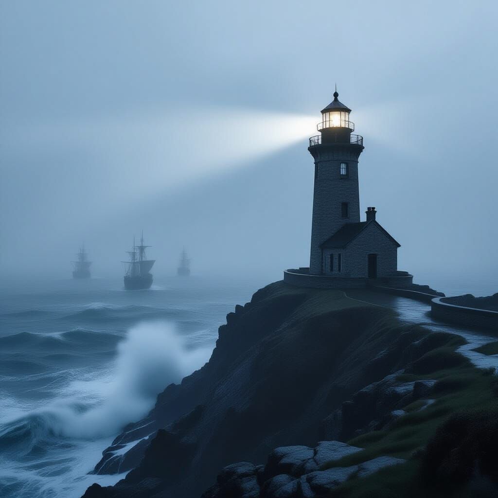 Ancient Lighthouse Beam Pierces Stormy Seas