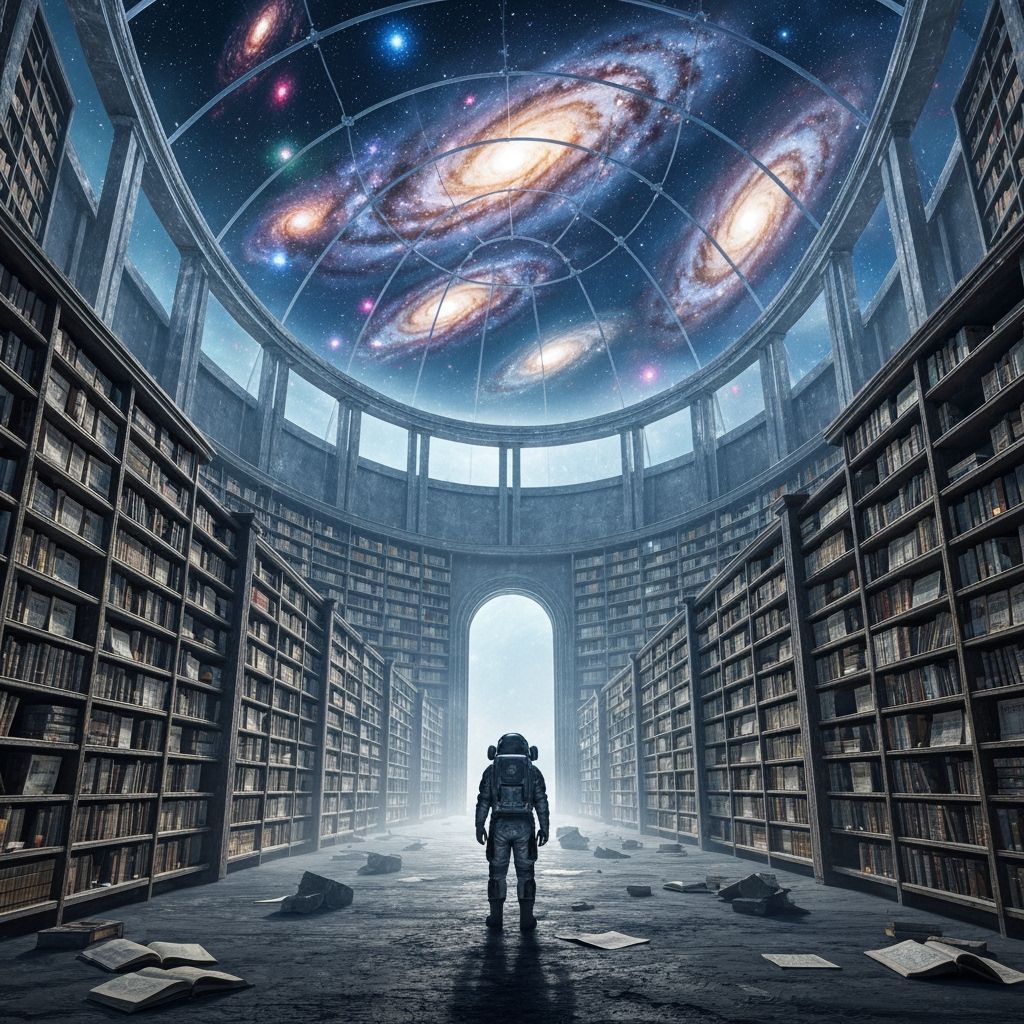 Astronaut in Crystalline Library on Alien Planet