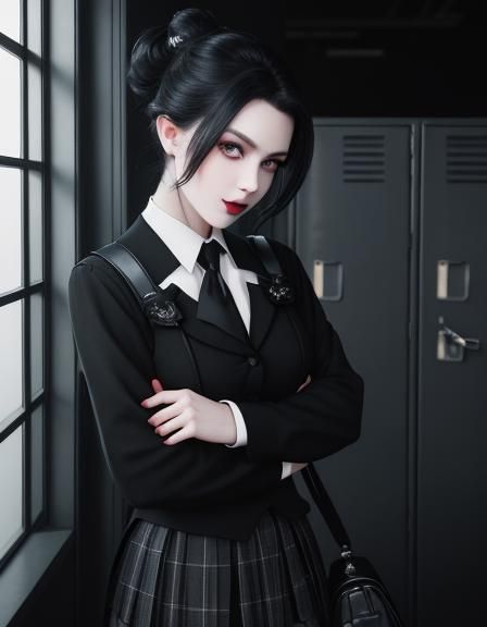 Gothic Schoolgirl Portrait with Soft Shadows and Bokeh