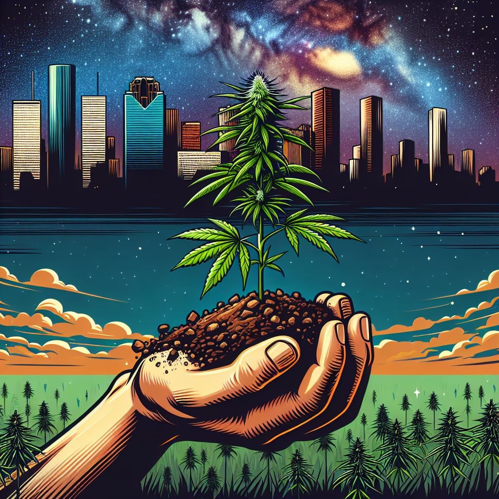 Cannabis Plant in Hand with Houston Skyline Cartoon