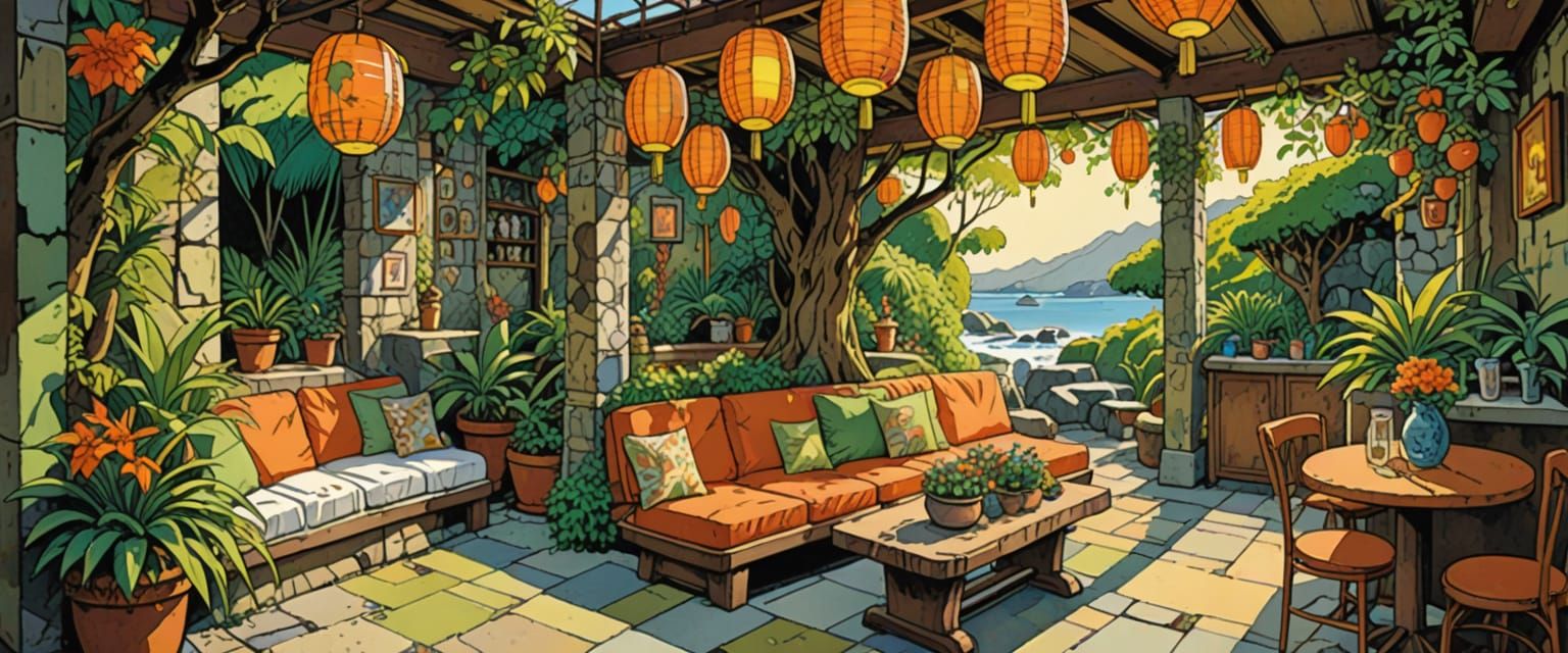 Japanese Tiki Bar in Comic Book Art Style
