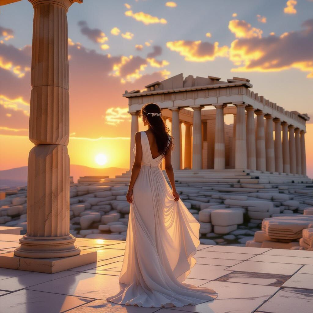 Grecian Woman at Parthenon at Sunset