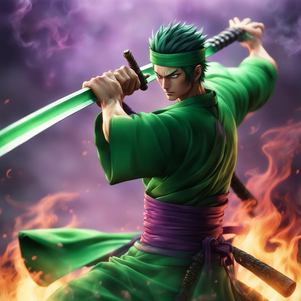 "illustration light, fluero green smoke, and fog effect of ( Roranoa Zoro), Equip 3 Samurai, purple short hair, wearing ...