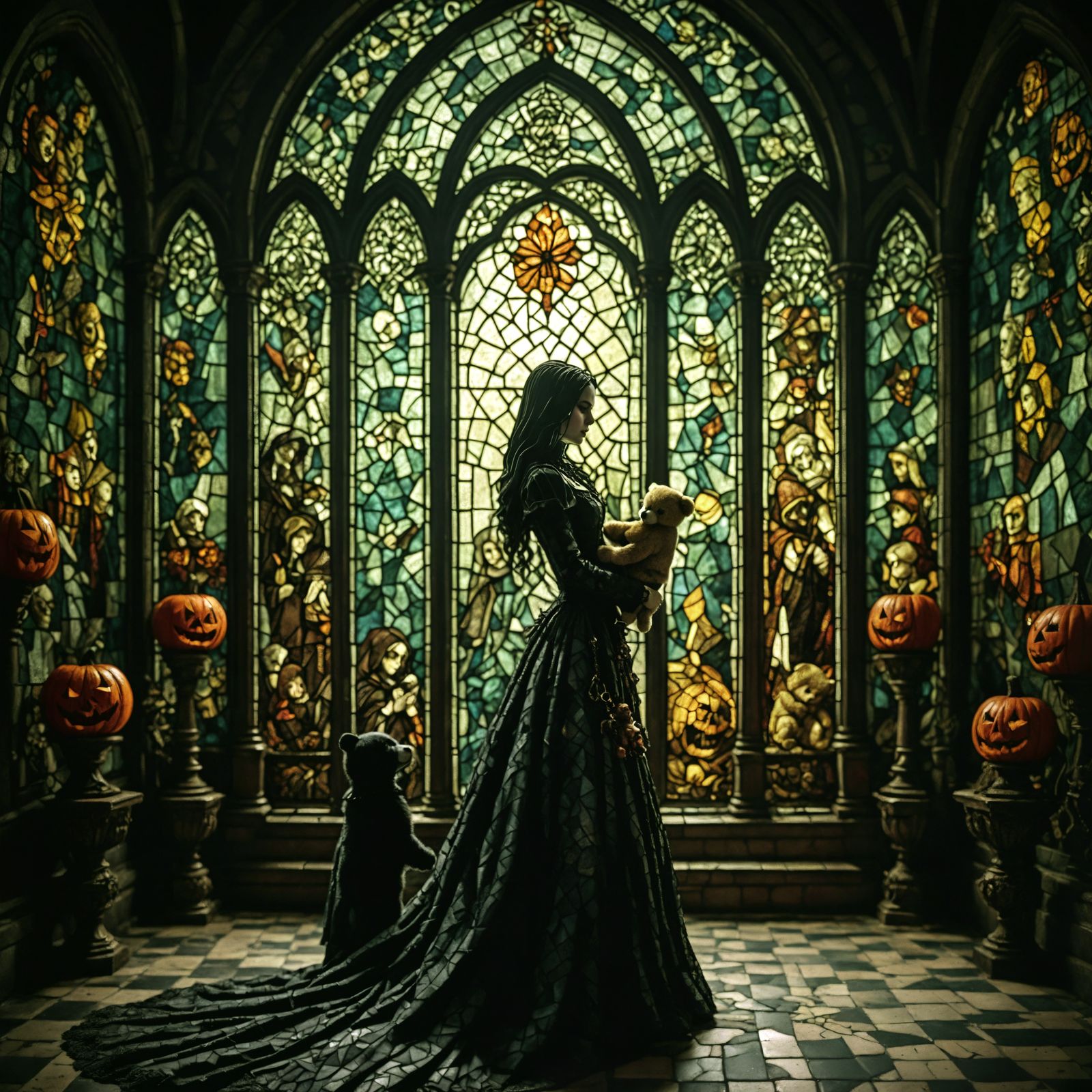 Gothic Figure with Teddy Bear Mosaic Art