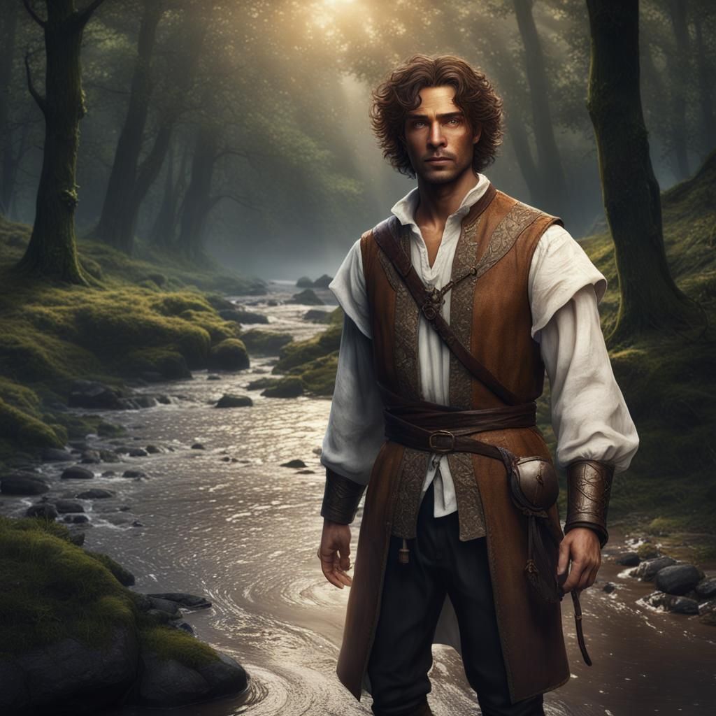 Young Man in Forest Stream: Medieval Fantasy Art