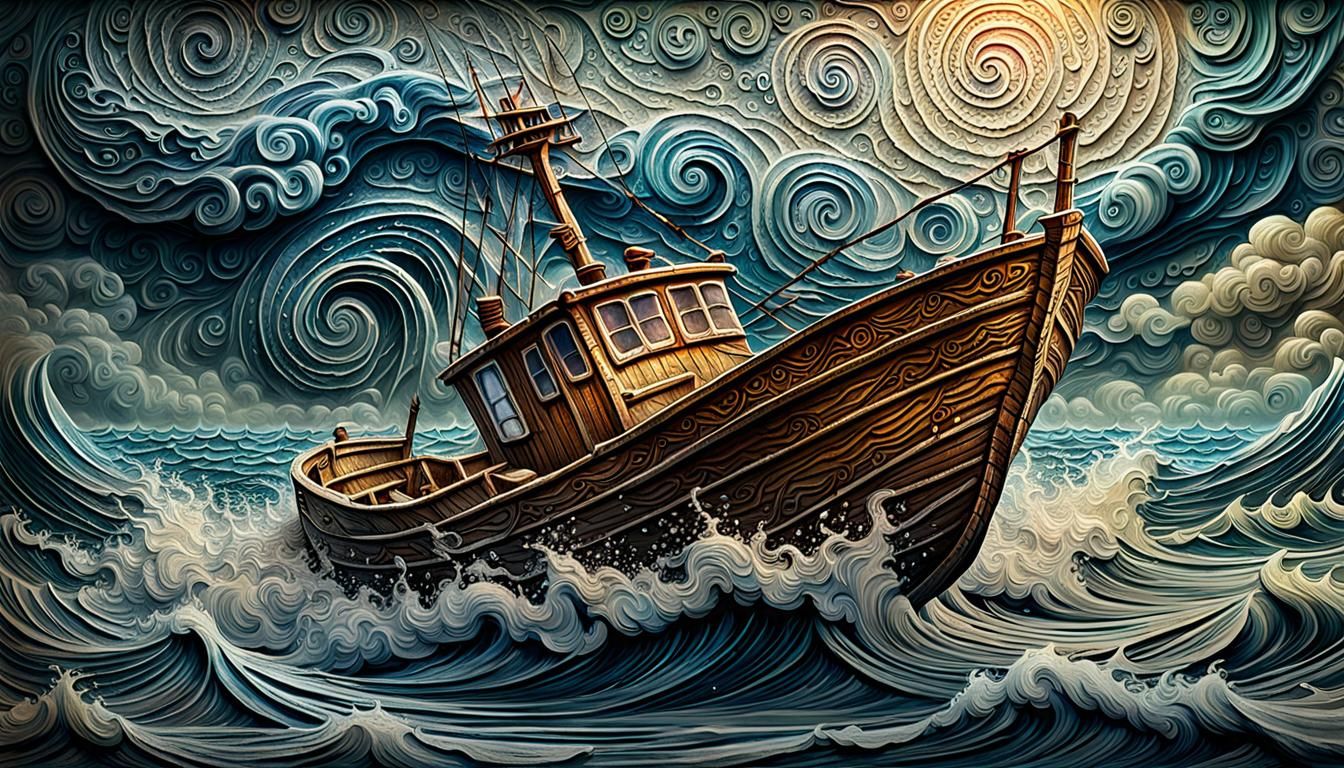 Tornado's Fury: Embossed Boat Art in Fantasy Style