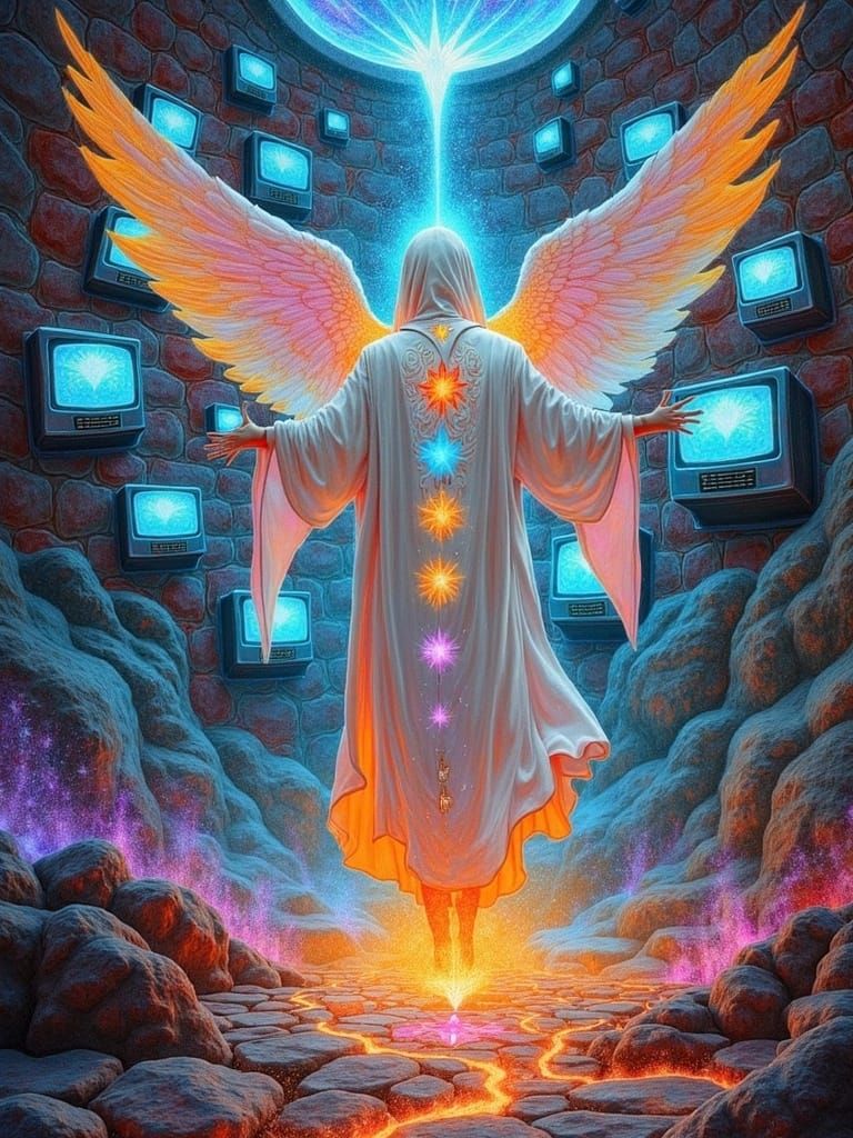 Mystic Digital Avatar in Vibrant Biofield with Wings and Anc...