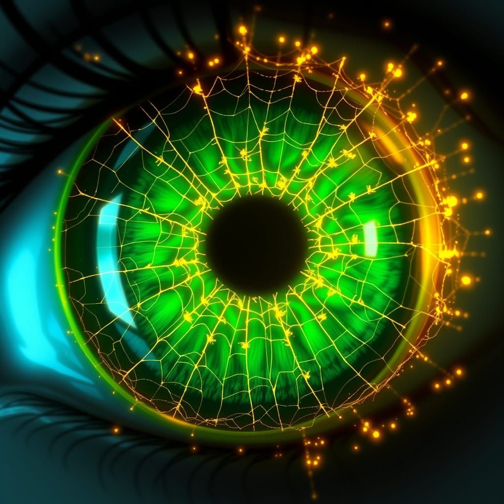 Stunning Green Eye with Gold Fractals in 3D Anime Style