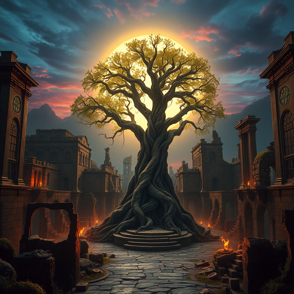 Mystical Ruined Cityscape with Colossal Tree