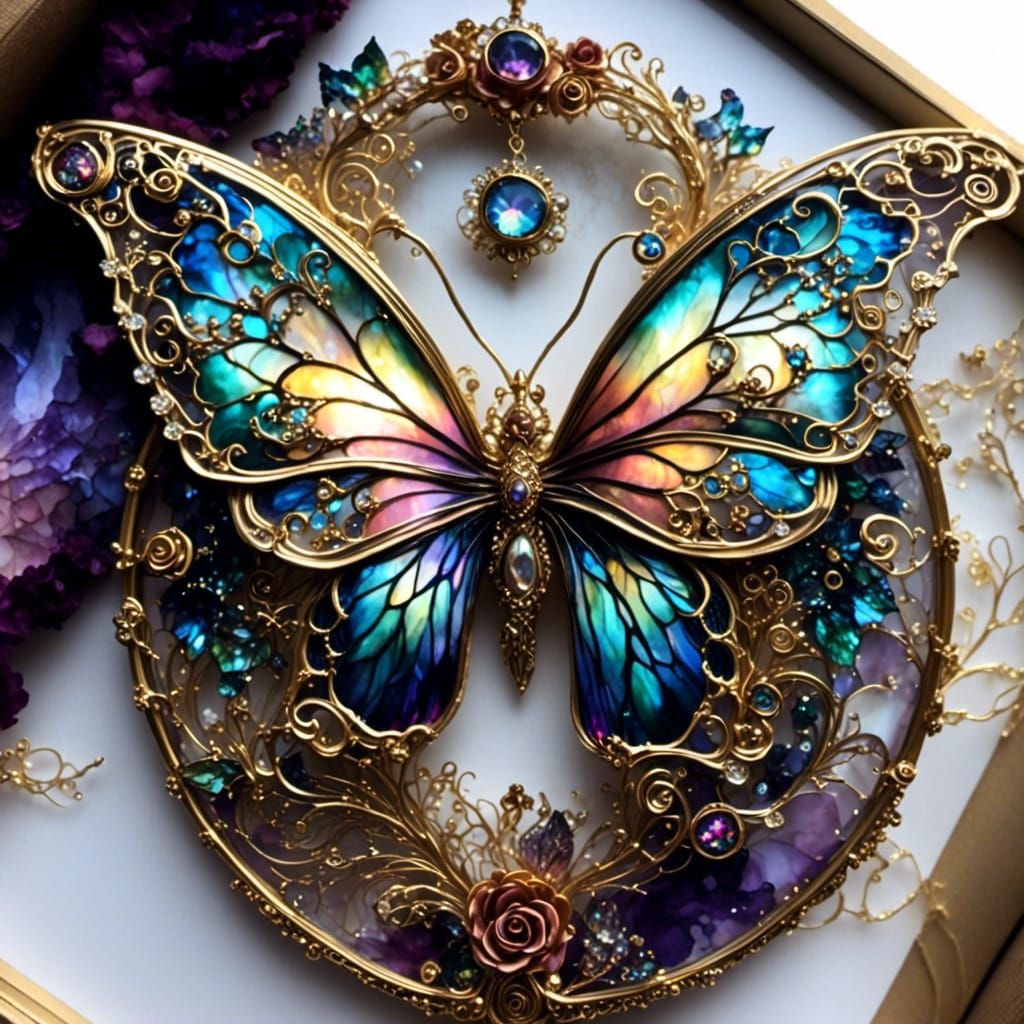Fantasy Butterfly on Rose: Ink and Glass