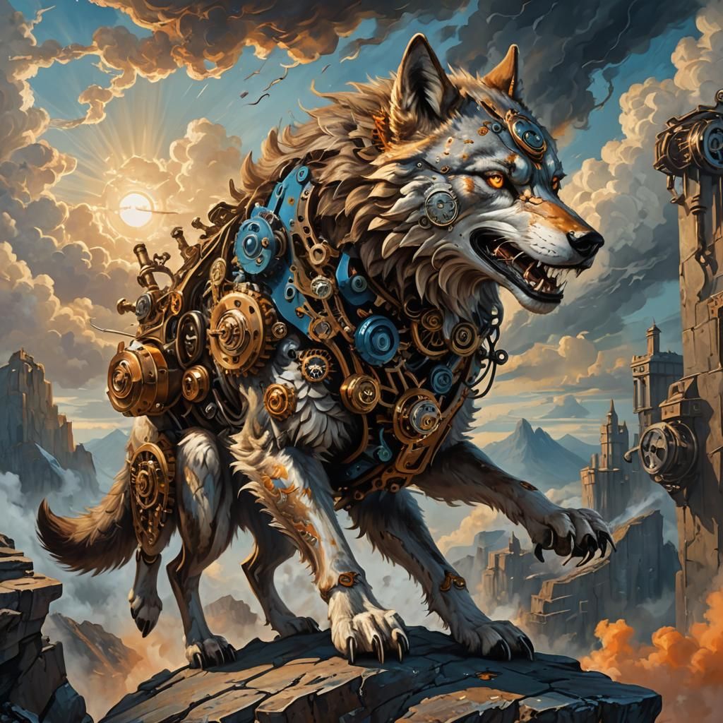 Steampunk Wolf on Cliff Edge, Fantasy Concept Art