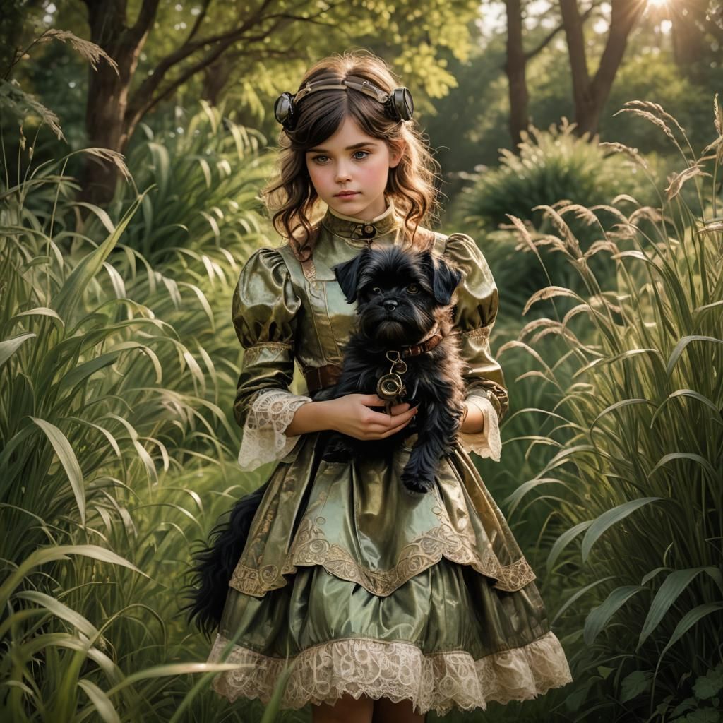 Victorian Girl with Steampunk Affenpinscher in Watercolor St...