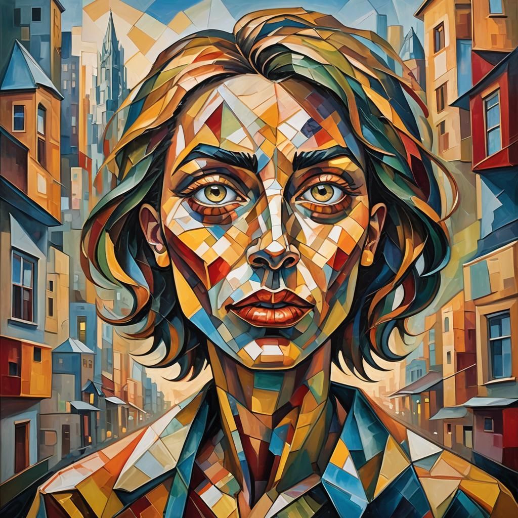 Whimsically stylized figure with oblong, faceted features, d...