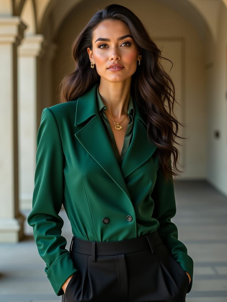 Elegant Woman in Emerald Green Trench Coat