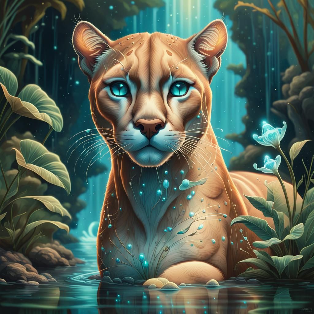 Art Deco Puma in Bioluminescent Jungle River