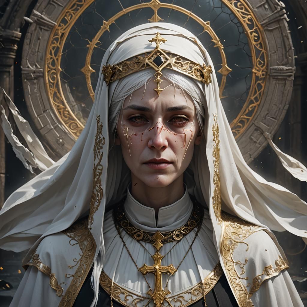 Fallen Nun with Golden Halo: Detailed Matte Painting